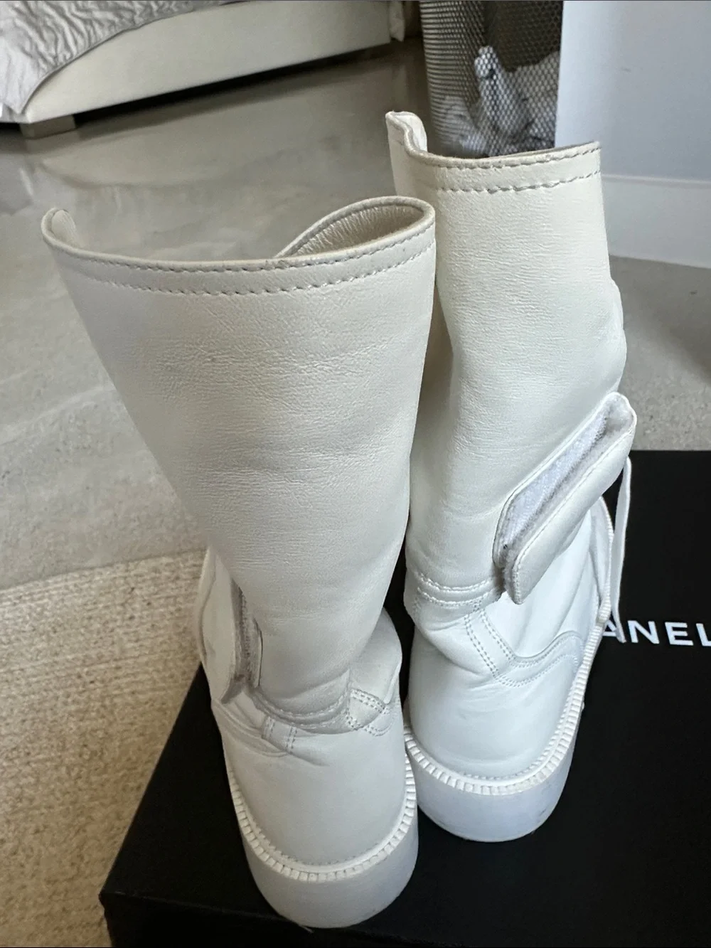 CHANEL White Leather Lace-Up Ankle Combat Boots with Logo